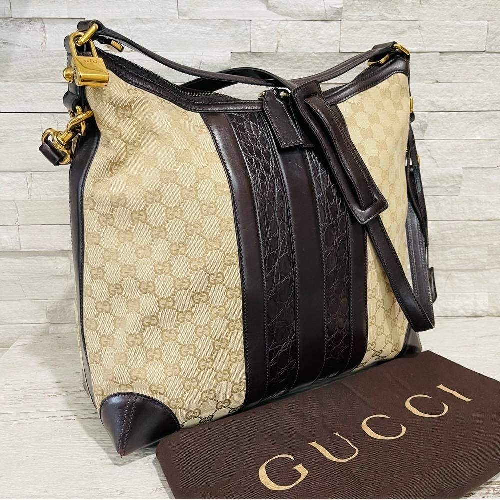 GUCCI Monogram Crocodile Web Medium Secret Hobo Dark Brown Leather Handbag